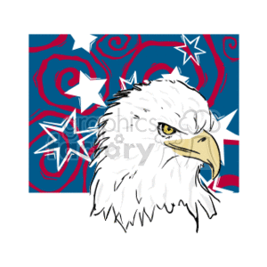   The clipart image features the head of a bald eagle with a focused or stern expression. The background consists of a stylized blue field with swirling patterns and numerous white stars of varying sizes, reminiscent of the starry portion of the American flag. Some of the stars have red and white stripes, invoking the stripes found on the American flag. The imagery suggests themes of American patriotism and the bald eagle