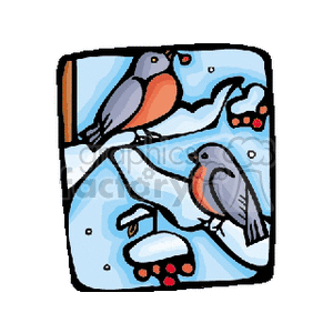 Clipart image of two birds perched on snowy branches, with red berries present.