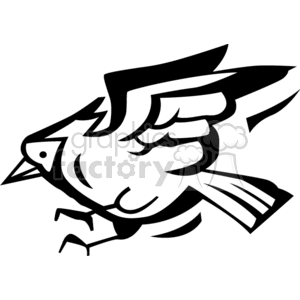 Black and white clipart of a bird mid-flight with its wings spread.