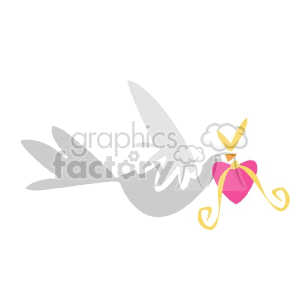 A clipart image of a grey dove carrying a pink heart with a gold ribbon.