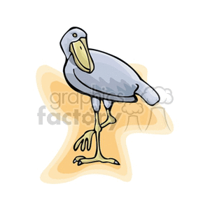 A clipart image of a shoebill stork standing on one leg, with a light orange background shape.