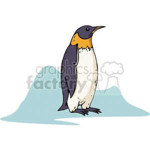 Clipart image of a penguin standing on ice with a mountain in the background.