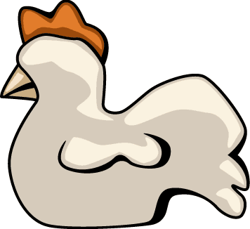 A simple clipart image of a white chicken with a red comb and a small beak.