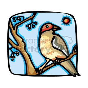 Clipart image featuring a bird perched on a tree branch with a small red sun in the background.