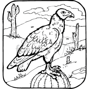 A black and white clipart image of a large bird, likely an eagle or hawk, perched on top of a cactus in a desert landscape with cacti and mountains in the background.
