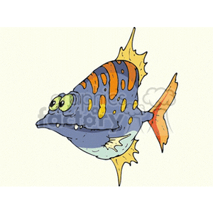 The clipart image depicts a cartoon fish with a whimsical design. It features striking colors like blue, orange, and yellow, with spots and stripes, and has exaggerated fins and big, pop-out eyes.