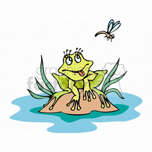Cartoon Frog on Lily Pad Watching a Fly