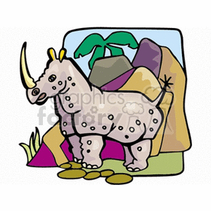 The clipart image features a cartoon of a rhinoceros standing in a natural setting with some rocks and palm trees in the background. The rhino appears to be simplistic and stylized, likely aimed at a younger audience. 