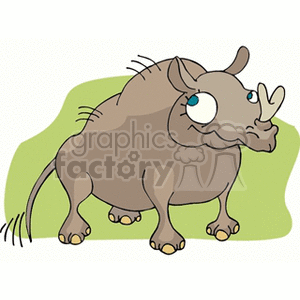 The clipart image depicts a cartoon rhinoceros standing on what looks like a patch of grass. The rhino is characterized by a stylized, whimsical design, with large, expressive blue eyes and a friendly demeanor.