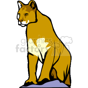   The clipart image depicts a stylized representation of a large feline, commonly known as a cougar, mountain lion, puma, or Florida panther. This type of cat is categorized as an endangered species in certain regions like Florida. The image illustrates the animal in a seated position with its head turned to face the viewer. The graphic uses simple shapes and bold colors to represent the creature. 