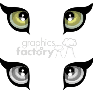 This clipart image features four stylized eyes, presumably meant to represent those of felines such as cats, cougars, tigers, or lions. The eyes are paired with one set appearing in a yellow-green hue and the other set in a bluish-grey color, suggesting different types of feline creatures or various lighting/color interpretations.