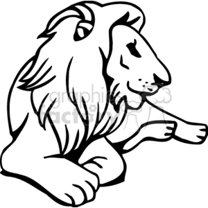 This clipart image depicts a male lion in a seated position with a visible mane. The lion, often referred to as the king of the jungle, is a symbol of strength and royalty. The image is a black and white line drawing, suitable for coloring or graphics.