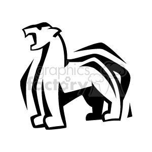 The image is a black and white clipart of a stylized, abstract big cat, which could represent a panther, jaguar, or similar feline. It features bold, simple shapes that form the figure of the cat in a standing position with its tail and mane emphasizing movement or wind.