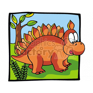 The image is a cartoon clipart featuring a smiling orange dinosaur with a row of pointed back plates, resembling a Stegosaurus. The creature is depicted in a playful and child-friendly design style, with large, expressive eyes and a cute demeanor, adding to its appeal for educational or entertainment content aimed at young audiences. The dinosaur is set against a simple outdoor backdrop with green foliage.