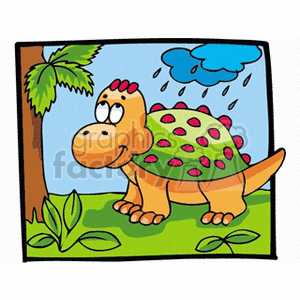 The image shows a cartoon dinosaur with red spots, standing under a tree while it is raining. The dinosaur looks friendly and whimsical, creating an amusing and child-friendly depiction of an ancient animal. The scene includes grass at the dinosaur's feet and a few leaves on the ground, suggesting a natural, outdoor setting.