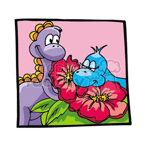 The image shows two cartoon dinosaurs with expressive faces. The purple dinosaur is smiling gently while looking at a large red flower, and the blue dinosaur is sniffing the same flower with a happy expression. They are surrounded by green foliage, and the background is a simple pink square.