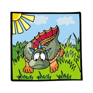 The clipart image shows a cartoon-styled dinosaur in a grassy field with a sun shining in the sky. The dinosaur has large, expressive eyes and a prominent frill with various colors. The style of the image is whimsical and humorous, appealing to a younger audience or for use in light-hearted content themes.