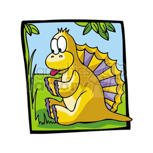 The clipart image features a cartoon of a cheerful dinosaur sitting against a natural backdrop, possibly within a prehistoric setting. The dinosaur is characterized by bright colors, with a playful expression, large eyes, a forked tongue, and distinctive spiky backplates that are colored in purple and yellow.