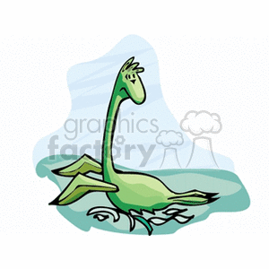 The image is a clipart illustration of a stylized green dinosaur. It has a long neck, a small head with what appears to be a cheerful expression, and is situated in a relaxed pose. The dinosaur is set against a simple background that seems to suggest a natural environment.