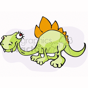 The image shows a cartoon representation of a green dinosaur with a friendly and silly expression. It features big eyes, one of which is winking, a prominent smile showing teeth, and a row of orange spikes or plates along its back that lead to a spikey tail. The dinosaur is standing on all fours and has a rotund body, suggesting a lighthearted and whimsical depiction rather than an accurate scientific illustration.