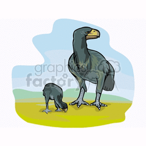 The clipart image features what appears to be an adult dinosaur with a beak and a smaller, baby dinosaur of the same species. The adult stands upright while the baby explores the ground. Both have bird-like characteristics and exhibit features reminiscent of ancient dino-avian creatures.
