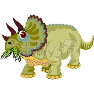 The image shows a cartoon representation of a Triceratops, which is a type of dinosaur characterized by its three horns on the face and a large frill around its head. The dinosaur has a playful design and is depicted with a greenish body, blue accents along its frill, yellow dots, and horns that are shaded with red and brown. It is also shown eating some green plants.