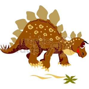This clipart image features a stylized cartoon representation of a Stegosaurus, which is a type of dinosaur. The Stegosaurus has a row of large, bony plates along its back and two pairs of sharp spikes at the end of its tail. The dinosaur is depicted in a walking pose, with a small plant near its feet. It has a pattern of spots on its back and legs, giving it a playful and child-friendly appearance.