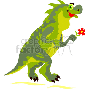 This clipart image features a cartoon dinosaur that is green in color with some darker green spots or stripes. The dinosaur is standing upright on two legs, has a large, friendly smile, and is holding a red flower with yellow accents in one of its claws. Its tail is raised off the ground, and it appears cheerful and friendly.