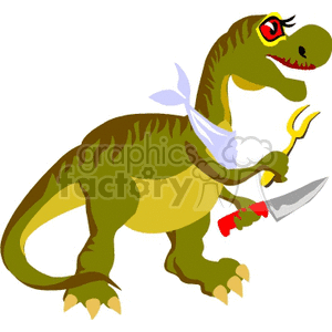This clipart image features a cartoon Tyrannosaurus rex (T-Rex) dinosaur depicted in a humorous way. The T-Rex is standing upright and is anthropomorphized with human-like characteristics, such as a cheeky facial expression. It is holding a fork and a knife, suggesting it's ready to eat, and is wearing a white napkin tied around its neck, giving it a humorous, civilized appearance, contrary to its reputation as a fearsome predator.