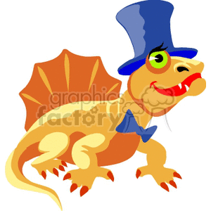 The image is a colorful clipart illustration of a cartoon dinosaur. The dinosaur is depicted with a playful and whimsical design, featuring a large eye, a cheeky smile, and a prominent row of spikes on its back. It is wearing a tall blue top hat and a matching blue bow tie, which adds a touch of humor and personality to the character.