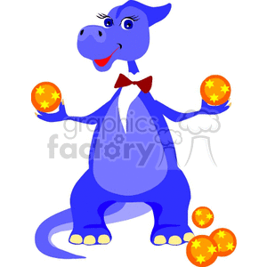 The clipart image features a cheerful cartoon dinosaur that is blue in color. It is standing upright on two legs with a tail behind it and a gentle, friendly facial expression. The dinosaur is juggling eggs, which are decorated with stars. It is wearing a red bow tie, adding a humorous and whimsical touch to its appearance.