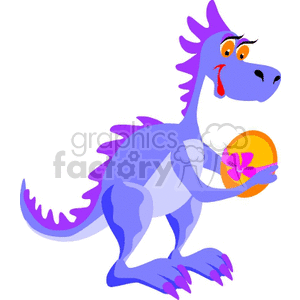   The clipart image shows a whimsical, cartoon-style purple dinosaur standing upright. It has a slender body, a long curved tail, and is smiling. The dinosaur has prominent eyelashes and is holding an orange egg with a pink bow, suggesting it might be a gift or a special item. There