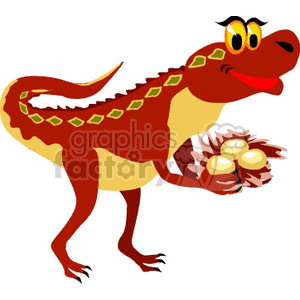  This clipart image features a cartoon dinosaur with a comical expression. The dinosaur is red with yellow eyes and has spot patterns on its back. It