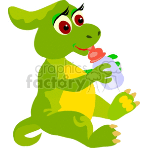 The clipart image shows a cute and cartoonish baby dinosaur. The dinosaur is green with a yellow belly, and it has big red eyes. It is sitting down and licking a pink ice cream from a blue cup, holding it with its small hands.