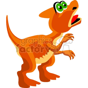 This clipart image features a cartoon-style representation of a baby dinosaur. The dinosaur appears to have a playful and slightly surprised expression, with its mouth open as if it's either calling out or reacting to something. Its body is predominantly brown with some lighter shading on the belly, and it stands upright on two legs with small arms. The dinosaur's eyes are large and round with green pupils, adding to the cute and funny character of the image.