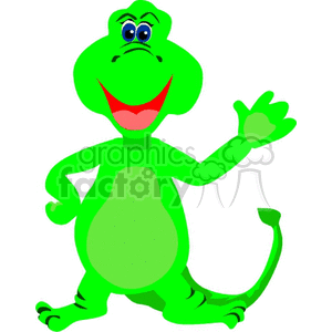 The image is a cartoon representation of a green dinosaur. The dinosaur is standing upright on two legs, has a big, open-mouthed smile, and is waving with one hand. Its eyes are looking forward and it has a friendly and welcoming expression.