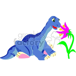 The image shows a cartoon style depiction of a cute blue baby dinosaur sitting down with a happy expression on its face. The dinosaur appears to be interacting with a tall, pink and purple flower with green leaves and stem. The overall tone of the image is playful and whimsical, aimed likely at a young audience.