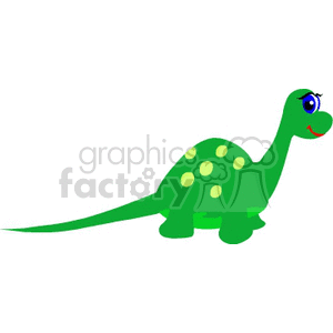 The clipart image features a cartoon of a friendly-looking, green dinosaur with a long neck and tail. It has yellow spots on its back and a smile on its face, with large blue eyes that have prominent eyelashes.