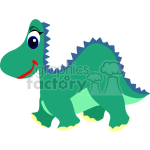 This clipart image features a cartoon dinosaur. It has a friendly appearance with a big smile, large eyes, and a playful expression. The dinosaur is green with a lighter green belly, blue detailing, and small yellow accents on its feet. It has a row of triangular spikes running along its back.