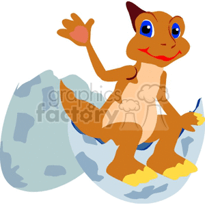 The clipart image depicts a cartoon dinosaur hatching from an egg. The dinosaur appears friendly and is waving, with one of its feet still inside the cracked eggshell.