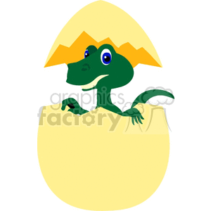 In the clipart image, there is a cute, cartoon-style baby Tyrannosaurus rex (T-rex) dinosaur peeking out of a broken eggshell. The egg appears to be cracked open at the top, and the baby dinosaur is emerging with a happy expression on its face. The background is simple and plain, emphasizing the subject.