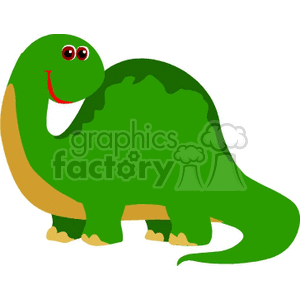 The image is a clipart of a friendly-looking green dinosaur with a long neck. The dinosaur has a big smile, red eyes, and a contrasting yellow underbelly.