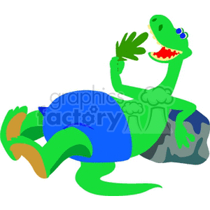   The image depicts a cartoon dinosaur in a playful and humorous pose. The dinosaur is green with a blue belly, lying on its back on a gray rock. It has a large grin on its face, showing pointed teeth, and is raising one arm holding what appears to be a leafy green plant. The creature
