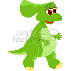 The image is a cartoonish representation of a green baby dinosaur. It has large, expressive eyes, a friendly smile, and an overall chubby and cute appearance. The dinosaur is standing upright on two legs, with its arms hanging by its sides.