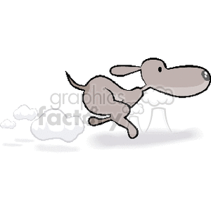 The image depicts a cartoon of a brown dog mid-stride, with its ears and tail extended backward, suggesting the motion of running. There are a few puffs of dust or clouds near the dog's hind legs, which add to the overall impression of speed.