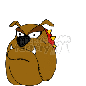 The clipart image shows a cartoon illustration of a bulldog head. The bulldog has a brown coat, a red collar (with spikes on), and 2 large teeth showing