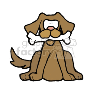 The clipart image depicts a cartoon dog sitting down and holding a large bone in its mouth. The dog appears happy and content with its prize.