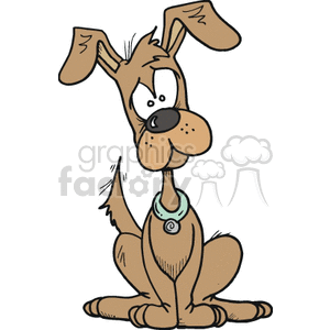This image shows a brown dog with its head cocked slightly to the side as if it is intrigued or confused. The dog is brown and has a blue collar on.