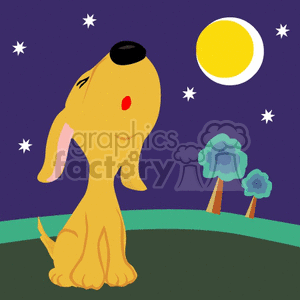 This clipart image features a cartoon-style dog sitting on grass with its head tilted upwards, appearing to howl at a full moon. The background includes a night sky dotted with stars and two stylized trees in the distance.