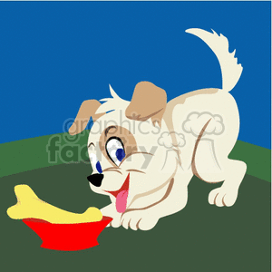 Happy Cartoon Dog with Bone in Bowl - Cute Canine